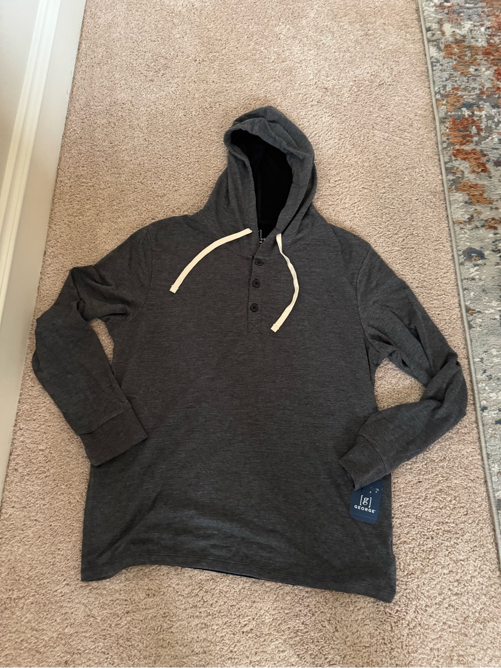 George Men’s Charcoal Hooded Henley Sweatshirt with Cream Drawcords